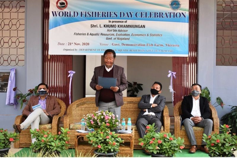 Advisor L Khumo Khiamniungan addressing the World Fisheries Day celebrated at Government Demonstration Fish Farm, Thizama Kohima on November 21. (DIPR Photo)